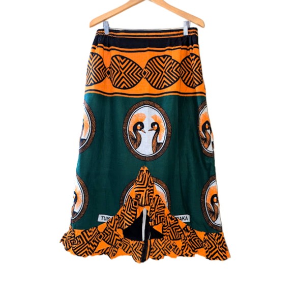 Dresses & Skirts - Ankara African Printed Royal Crowned Crane Rich Green/Orange Midi Skirt